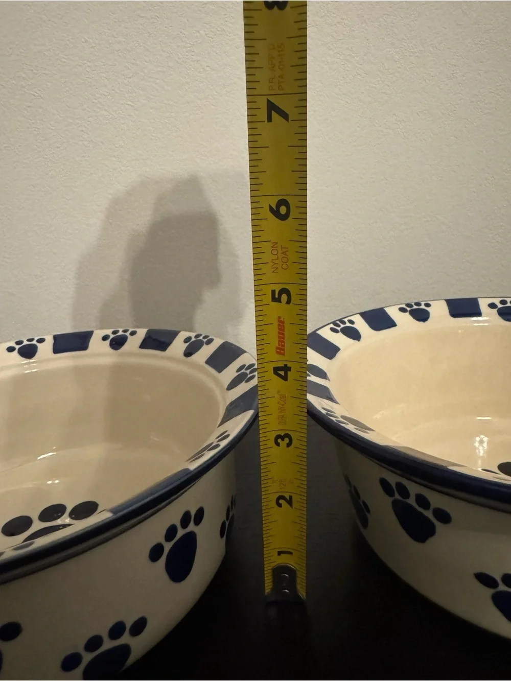 Vtg Petrageous Stoneware Pet Bowls Set 2 Navy Blue Cream Paw Print Dog Dishes